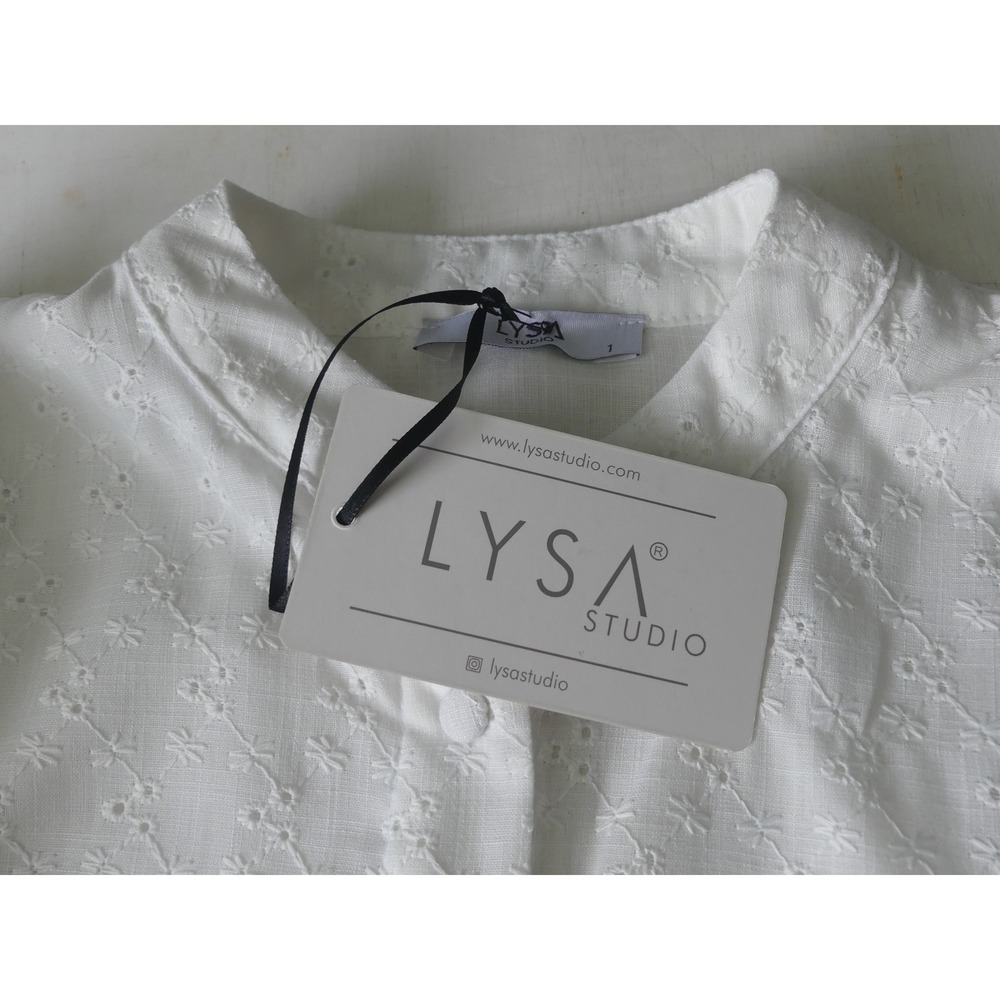 White Eyelet Tunic Shirt Dress Sz L Retro 3 Button Cuff NEW Office Casual Summer - Picture 6 of 8